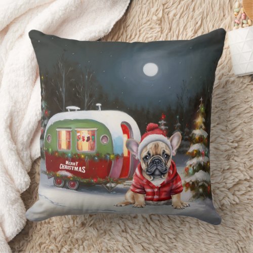 Winter French Bulldog Caravan Christmas Adventure  Throw Pillow