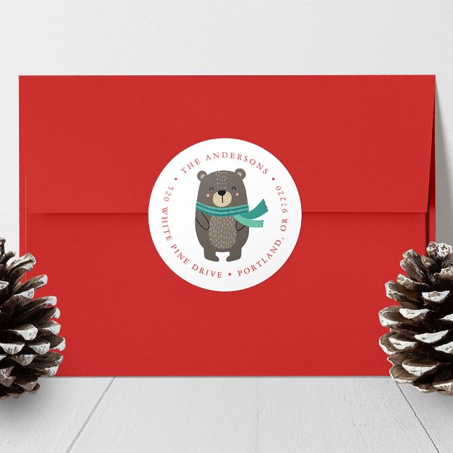 Winter Friends Bear Holiday Return Address Classic Round Sticker (Creator Uploaded)