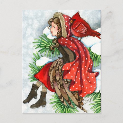 Winter Friends _ Cardinal Bird Girl Postcards