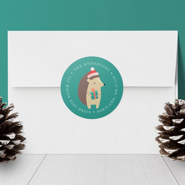 Winter Friends Hedgehog Holiday Return Address Classic Round Sticker (Creator Uploaded)