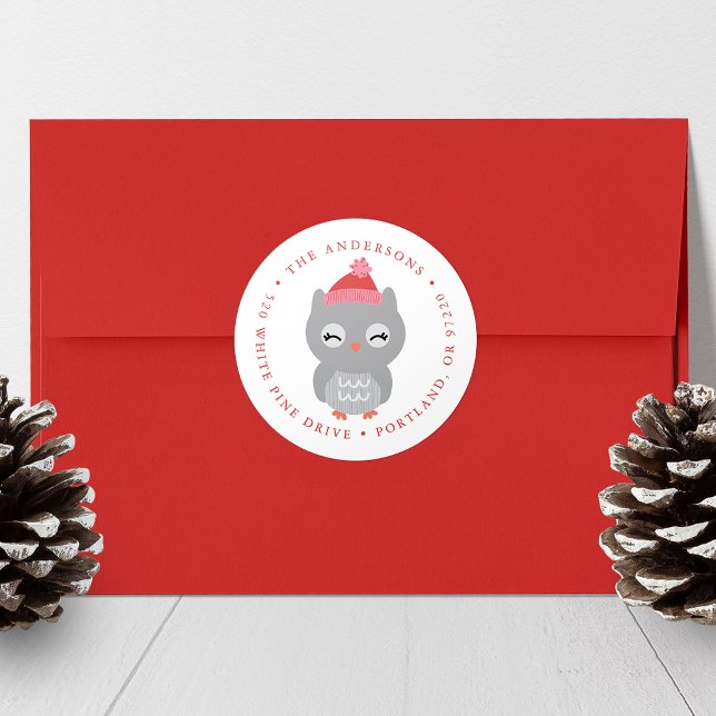 Winter Friends Owl Holiday Return Address Classic Round Sticker (Creator Uploaded)