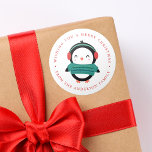 Winter Friends | Penguin Holiday Classic Round Sticker<br><div class="desc">Add a unique touch to your holiday envelopes with our Winter Friends holiday stickers. The festive stickers feature a cute,  cartoon penguin wearing earmuffs and a sweater with your custom greeting and family's name bordering the sticker in red lettering.</div>