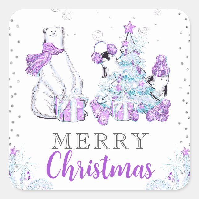 Winter Friends Polar Bear & Penguins Christmas Square Sticker (Front)