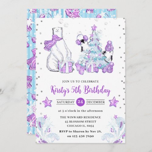 Winter Friends Polar Bear  Penguins Kids Birthday Invitation