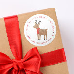 Winter Friends | Reindeer Holiday Classic Round Sticker<br><div class="desc">Add a unique touch to your holiday envelopes with our Winter Friends holiday stickers. The festive stickers feature a cute,  cartoon reindeer wearing a scarf with your custom greeting and family's name bordering the sticker in red lettering.</div>