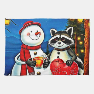 Winter Friends: Snowman & Raccoon Joy Design  Kitchen Towel