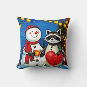 Winter Friends: Snowman & Raccoon Joy Design Throw Pillow