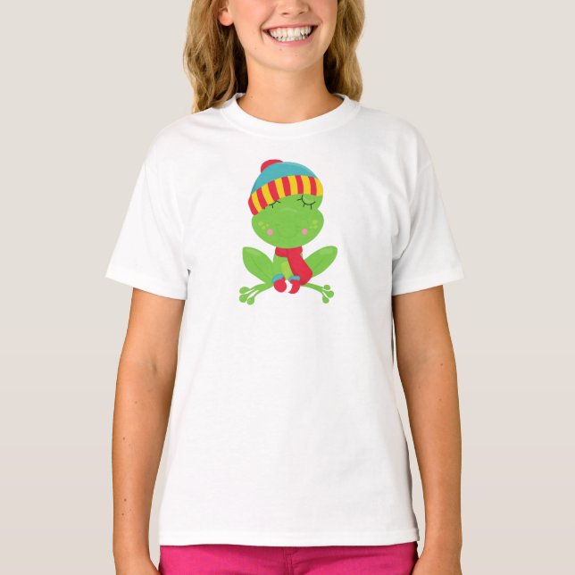Winter Frog, Cute Frog, Green Frog, Hat, Scarf T-Shirt (Front)