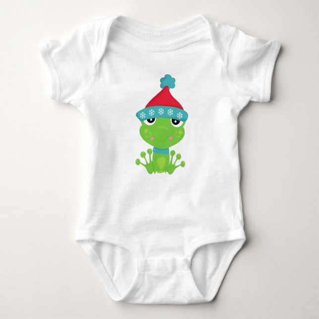 Winter Frog, Cute Frog, Green Frog, Scarf, Hat Baby Bodysuit (Front)