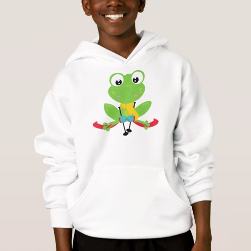 Winter Frog Cute Frog Green Frog Skis Skiing Hoodie