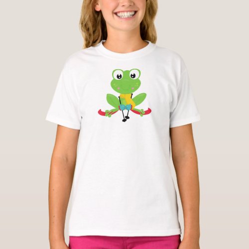 Winter Frog Cute Frog Green Frog Skis Skiing T_Shirt