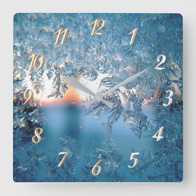 Winter frost on window silver blue pink square wall clock (Front)