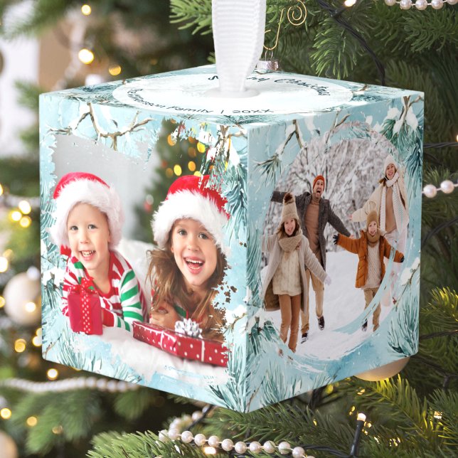 Winter Frost Personalized Christmas Multi Photo Cube Ornament (A festive multi photo Christmas cube ornament for the tree, with 4 custom photos, name and year)