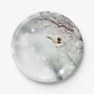 Winter Frosty Tree Chickadee Bird art Paper Plates