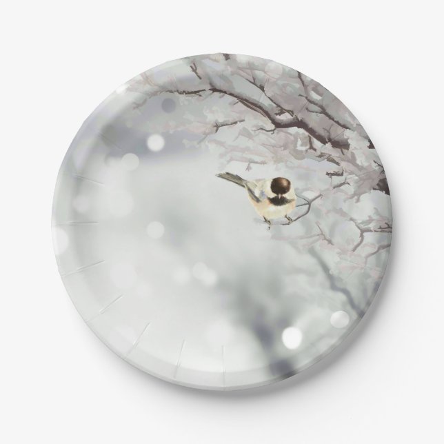 Winter Frosty Tree Chickadee Bird art Paper Plates (Front)