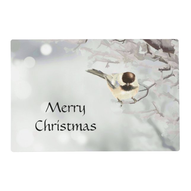 Winter Frosty Tree Chickadee Bird Christmas  Placemat (Front)