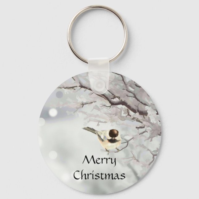 Winter Frosty Tree Chickadee Bird Custom Name Keychain (Front)