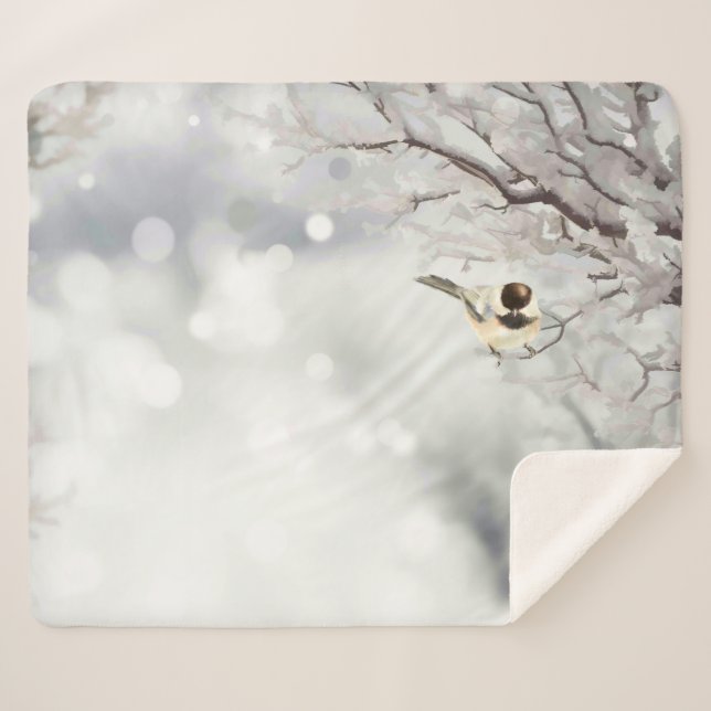 Winter Frosty Tree Chickadee Bird Fleece Blanket (Front (Horizontal))