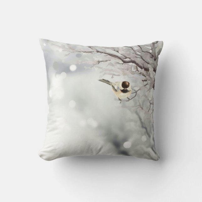 Winter Frosty Tree Chickadee Bird Throw Pillow (Front)