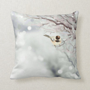 Winter Frosty Tree Chickadee Bird Throw Pillow