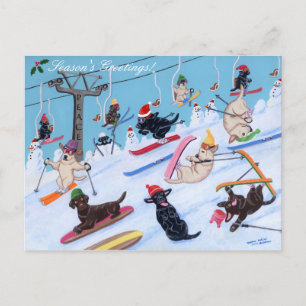 Winter Fun Christmas Skiing Labradors Holiday Postcard