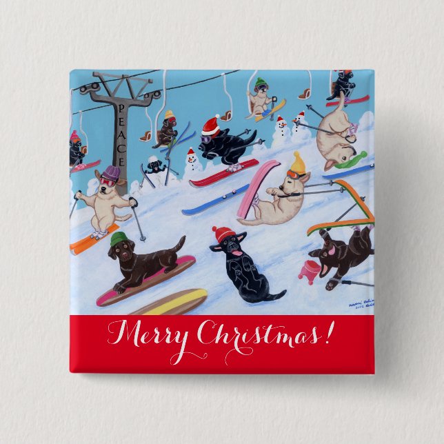 Winter Fun Christmas Skiing Labradors Painting Button (Front)