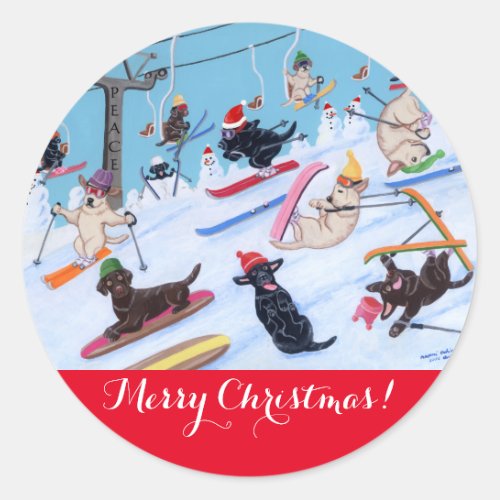 Winter Fun Christmas Skiing Labradors Painting Classic Round Sticker