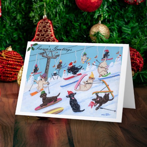Winter Fun Christmas Skiing Labradors Painting Holiday Card