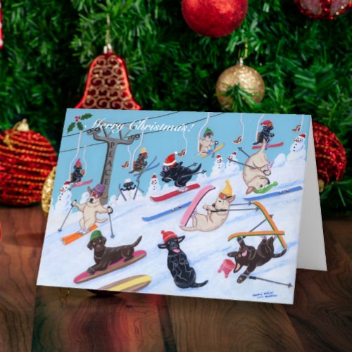 Winter Fun Christmas Skiing Labradors Painting Holiday Card