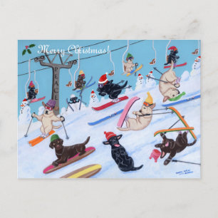 Winter Fun Christmas Skiing Labradors Painting Holiday Postcard