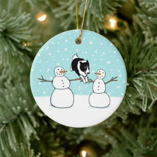 Winter Fun Holiday Border Collie Dog with Snowmen Ceramic Ornament