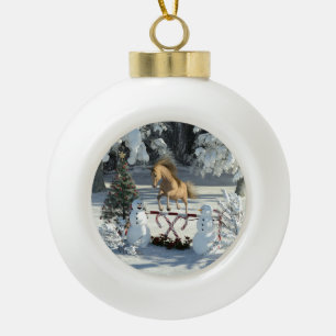 Winter Fun Jumping Horse and Snowmen Ceramic Ball Christmas Ornament