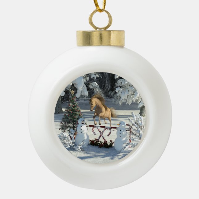 Winter Fun Jumping Horse and Snowmen Ceramic Ball Christmas Ornament (Front)