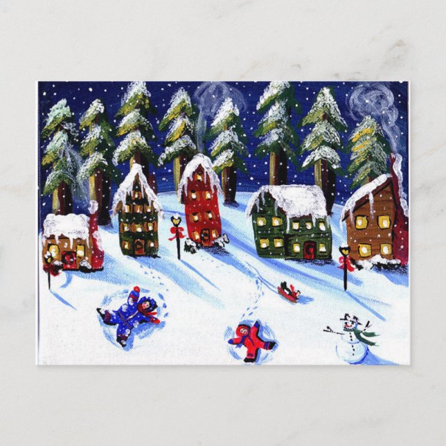 Winter Fun Making Snow Angels Folk Art Postcard (Front)
