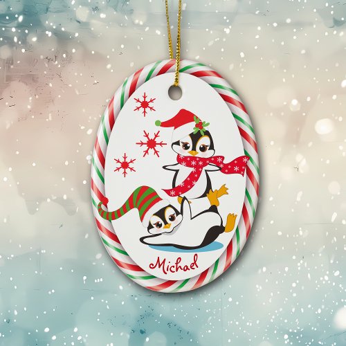 Winter Fun Penguins Candy Cane Frame Ceramic Ornament