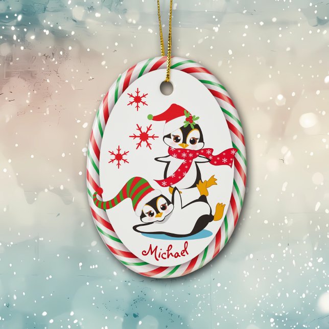 Winter Fun Penguins Candy Cane Frame Ceramic Ornament (Creator Uploaded)