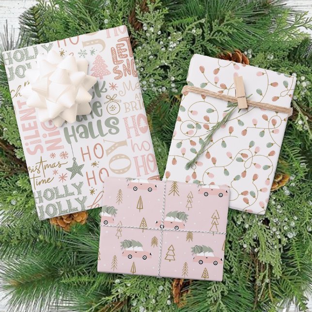 Winter Fun Pink Green Pastel Holly Jolly Christmas Wrapping Paper Sheets (Creator Uploaded)