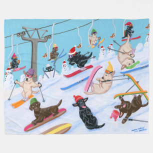 Winter Fun Skiing Christmas Labradors Fleece Blanket