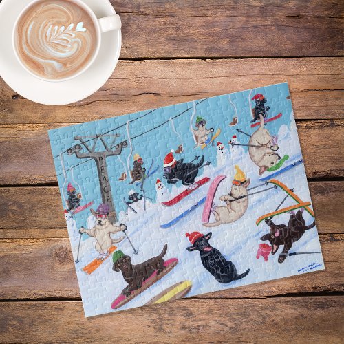 Winter Fun Skiing Christmas Labradors Jigsaw Puzzle