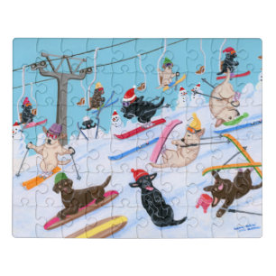 Winter Fun Skiing Christmas Labradors Jigsaw Puzzle