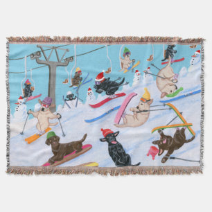 Winter Fun Skiing Christmas Labradors Throw Blanket