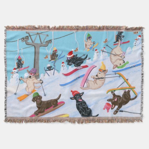 Winter Fun Skiing Christmas Labradors Throw Blanket