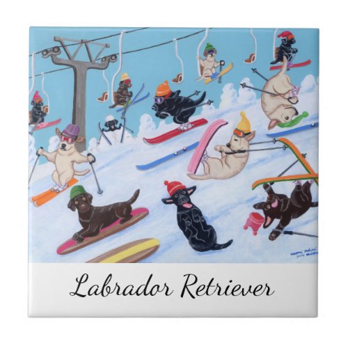 Winter Fun Skiing Labradors Ceramic Tile