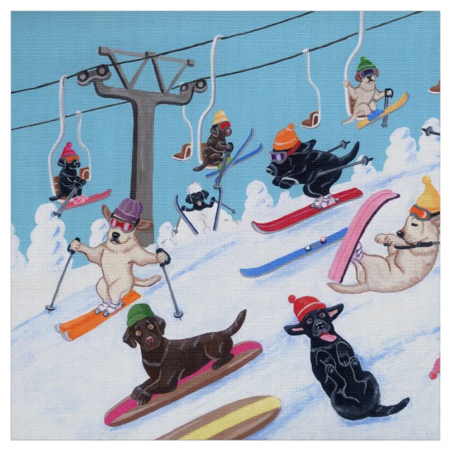 Winter Fun Skiing Labradors Fabric (Swatch)