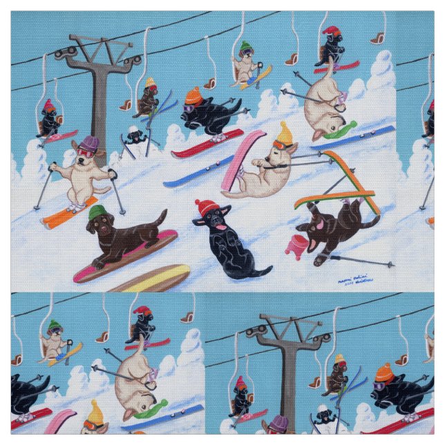 Winter Fun Skiing Labradors Fabric (Swatch)