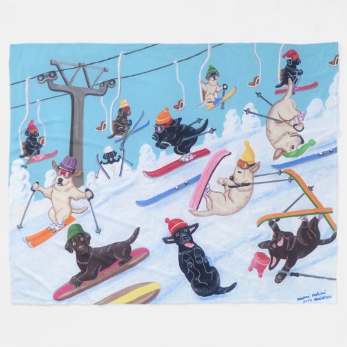 Winter Fun Skiing Labradors Fleece Blanket