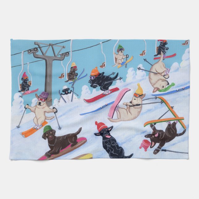 Winter Fun Skiing Labradors Kitchen Towel (Horizontal)