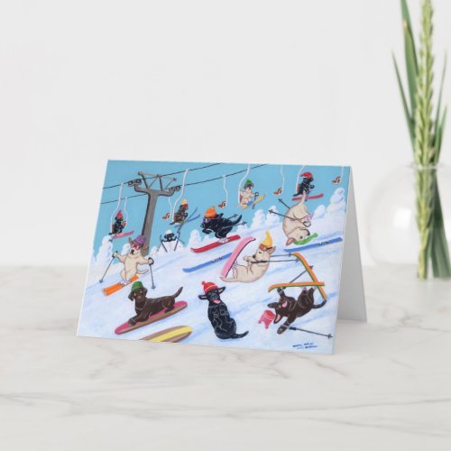 Winter Fun Skiing Labradors Painting Card
