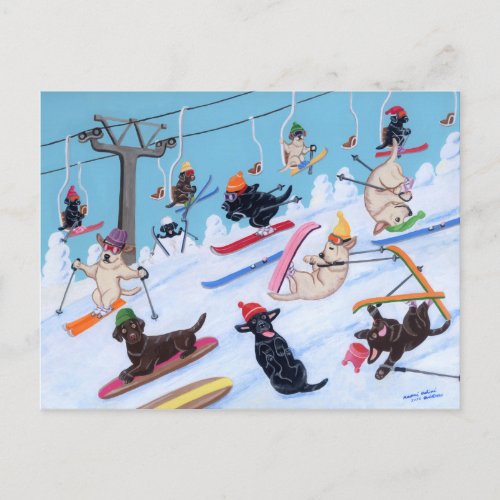 Winter Fun Skiing Labradors Painting Postcard