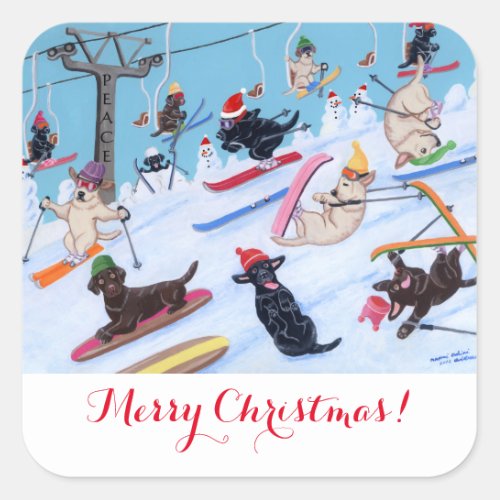 Winter Fun Skiing Labradors Painting Square Sticker